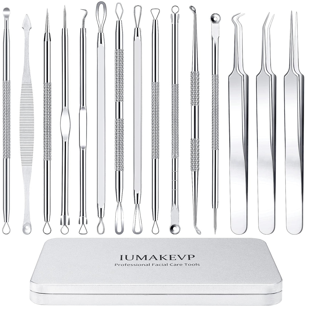Pimple Popper Tool Kit, 15 PCS Professional Stainless Steel Blackhead Remover Comedone Extractor Tools for Removing Zit on Face - Acne Removal Kit with Metal Case (Silver)