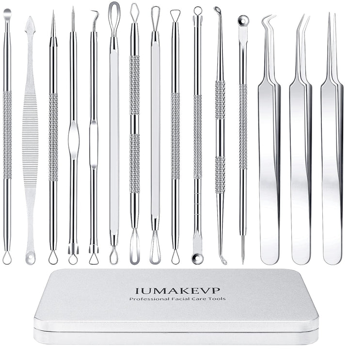 Pimple Popper Tool Kit, 15 PCS Professional Stainless Steel Blackhead Remover Comedone Extractor Tools for Removing Zit on Face - Acne Removal Kit with Metal Case (Silver)