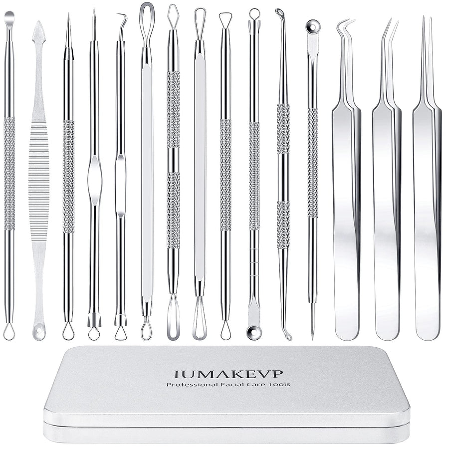 Pimple Popper Tool Kit, 15 PCS Professional Stainless Steel Blackhead Remover Comedone Extractor Tools for Removing Zit on Face - Acne Removal Kit with Metal Case (Silver)