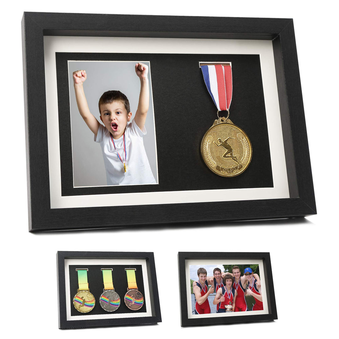Medal Display Shadow Box - 3 Medal Display case - Perfect Medal Display for Runners, Marathon, Race Winner, Soccer, Football, Gymnastics &amp; All Sports (Black, A4)