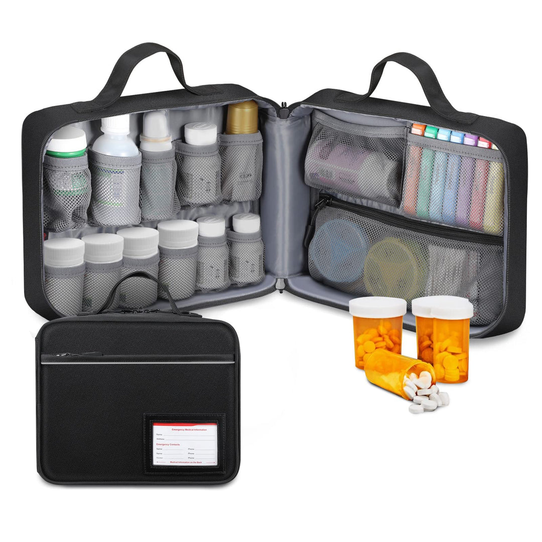 Pill Bottle Organizer Medicine Storage Bag Medication Travel Carrying Case Manager with Handle, Fixed Pockets for Medications, Vitamins, Medical Supplies, Black