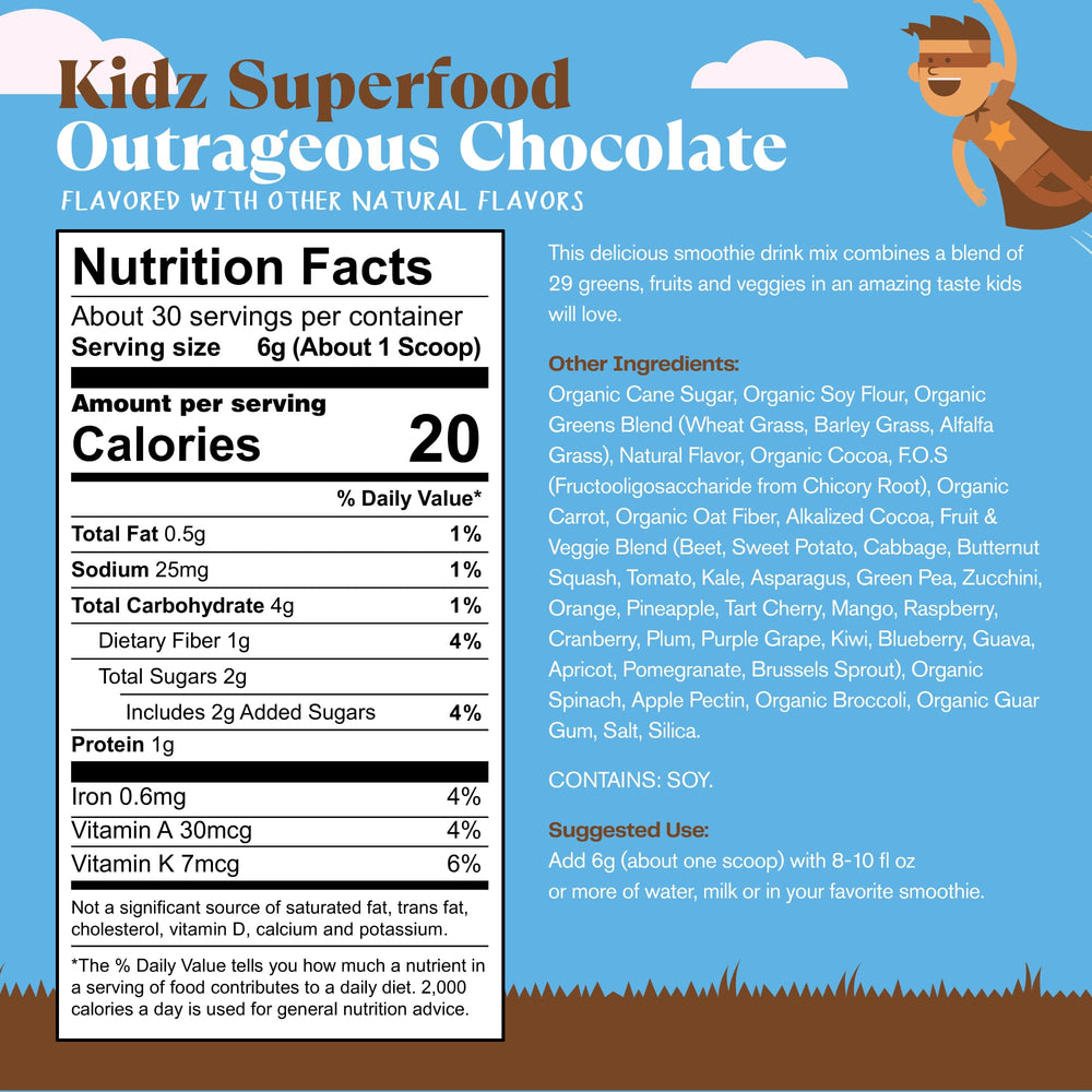 Kidz Superfood: Organic Greens, Fruits, Veggies, Beet Root Powder & Probiotics for Healthy Kids, Outrageous Chocolate, 30 Servings, 6.35 Ounce (Pack of 1)