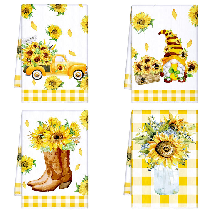 4 Pcs Christmas Sunflower Kitchen Towels Sunflower Gnome Dish Towels Tea Towel Sunshine Nautical Kitchen Towels, Hand Towels, Tea Towels,Christmas Housewarming Gift for Home, 16 x 24&#39;&#39;(Yellow,Sweet)