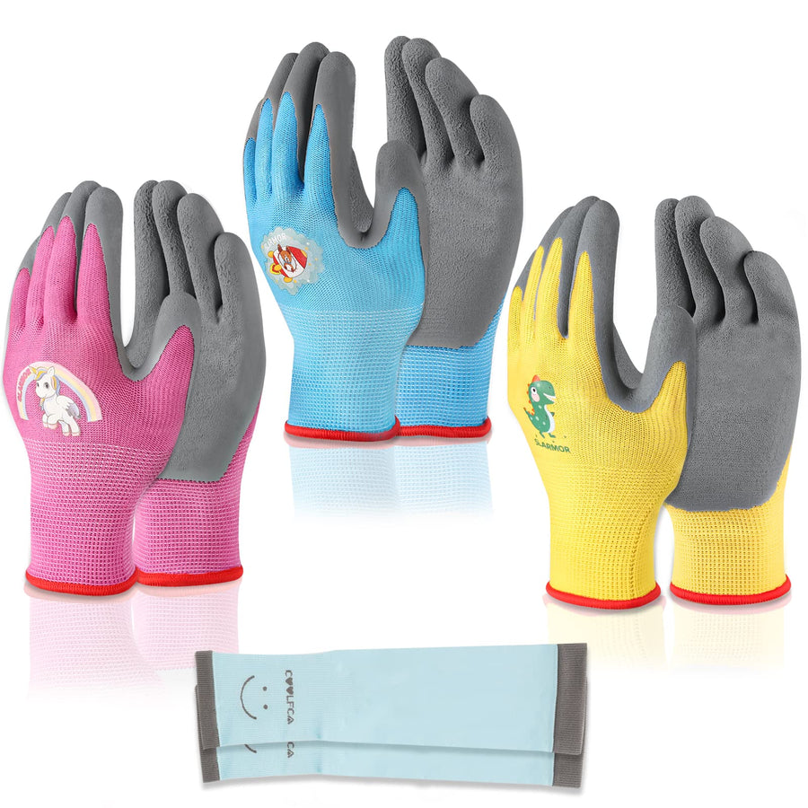 3 Pairs Kids-Gardening-Gloves for Age 3-12, 1 Pair Arm-Sleeves, Rubber-Coated Garden Yard Work-Gloves for Children Toddlers Boys & Girls -XS