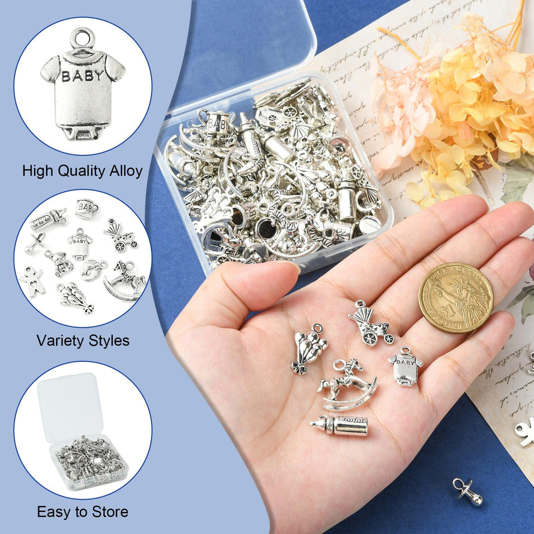100pcs Baby Theme Charms Alloy Rocking Horse Baby Bottle Ginger Bread Man Toy Tibetan Baby Charms for Jewelry Making Bracelets