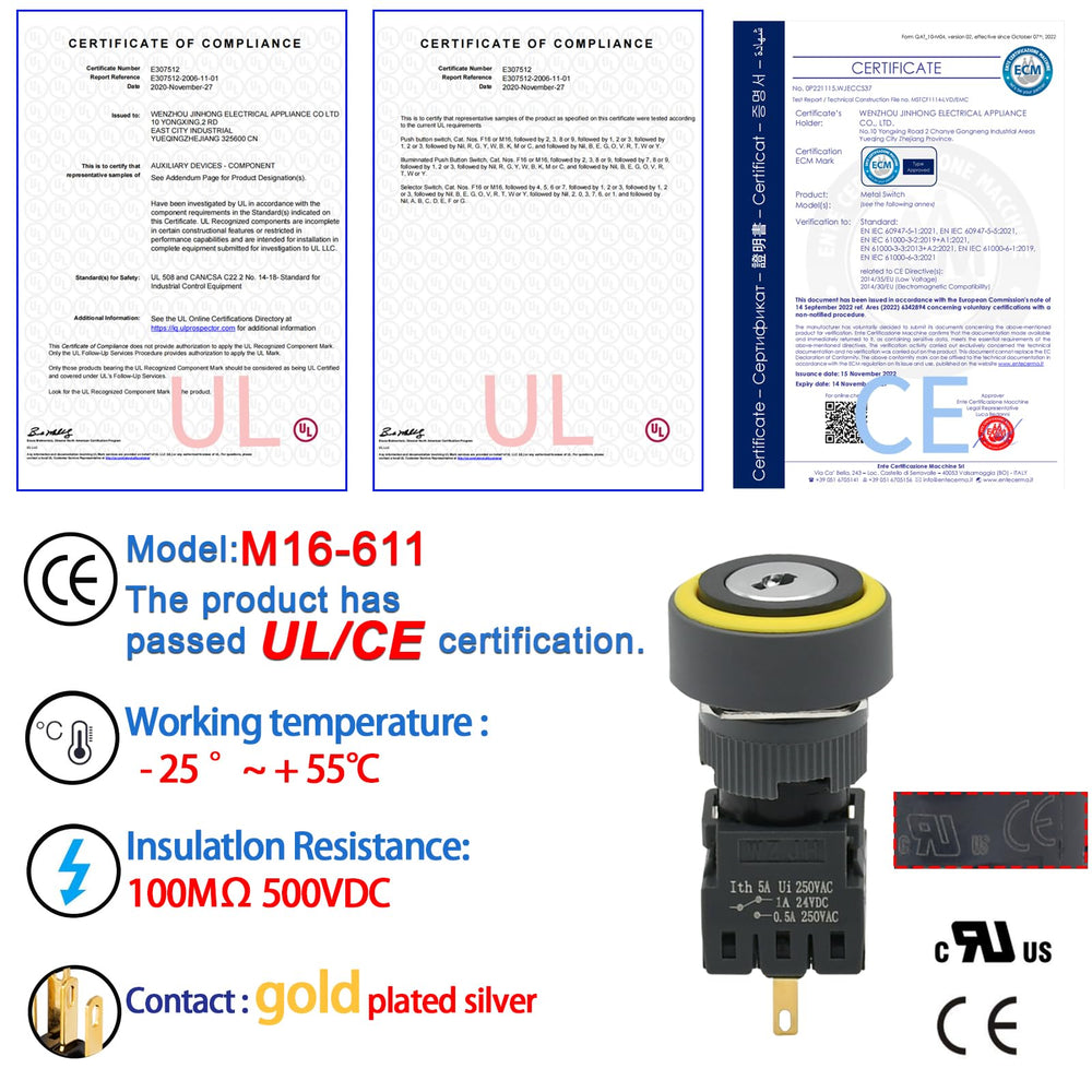 Key Switch 5/8 16mm with 4 Keys 2 Position Selector Switch Key Switches 4Pin Starter Lock On Off Keylock Switch Latching SPDT 2 Pcs UL Certification