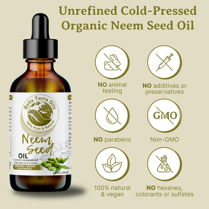 Bella Terra Oils New Neem Seed Oil. 4Oz. Cold-Pressed. Unrefined. Organic. 100% Pure. Antiseptic. Antifungal. Hexane-Free. Fights Wrinkles. Softens Hair. Natural Moisturizer. For Hair, Skin, Soapma