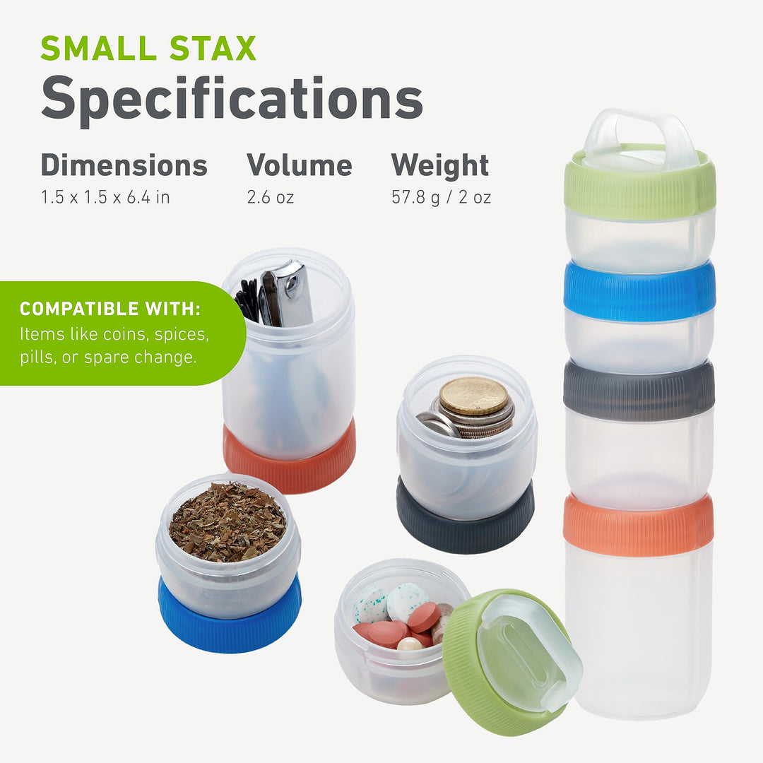 STAX, Stackable Snack Containers - 4-Piece Leak-Proof Snack Travel System - FDA-Food Safe, BPA/PC/Phthalate-Free - Stackable &amp; Click-Together Food Storage, Small