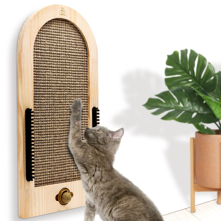 Cat Scratching Post - Extra Large - Wall-Mounted Cat Scratcher with Catnip Ball and Self Groomer Brushes - Furniture Window Mount - Scratch Pad for Indoor Cats.