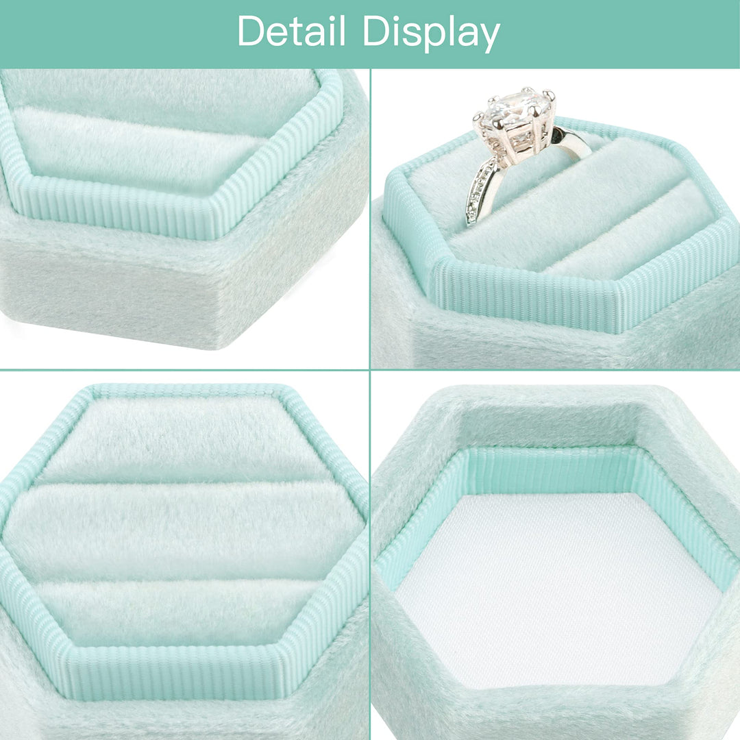 Hexagon Velvet Ring Box - Premium Gorgeous Vintage Double Ring Display Holder with Detachable Lid for Proposal, Engagement, Wedding, Ceremony (Mint green)