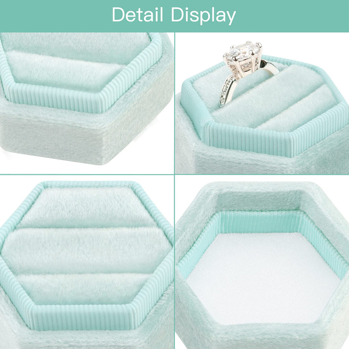 Hexagon Velvet Ring Box - Premium Gorgeous Vintage Double Ring Display Holder with Detachable Lid for Proposal, Engagement, Wedding, Ceremony (Mint green)