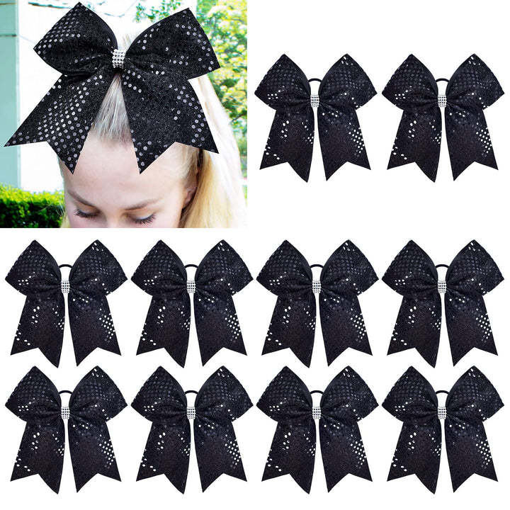 Black Glitter Cheer Bow Bulk Large Hair Bows Breast Cancer 8inch for Toddler Girls Jumbo Cheerleading Ponytail Holder Team Gifts for Teen Hair Ribbons Softball Cheerleader Pack of 10