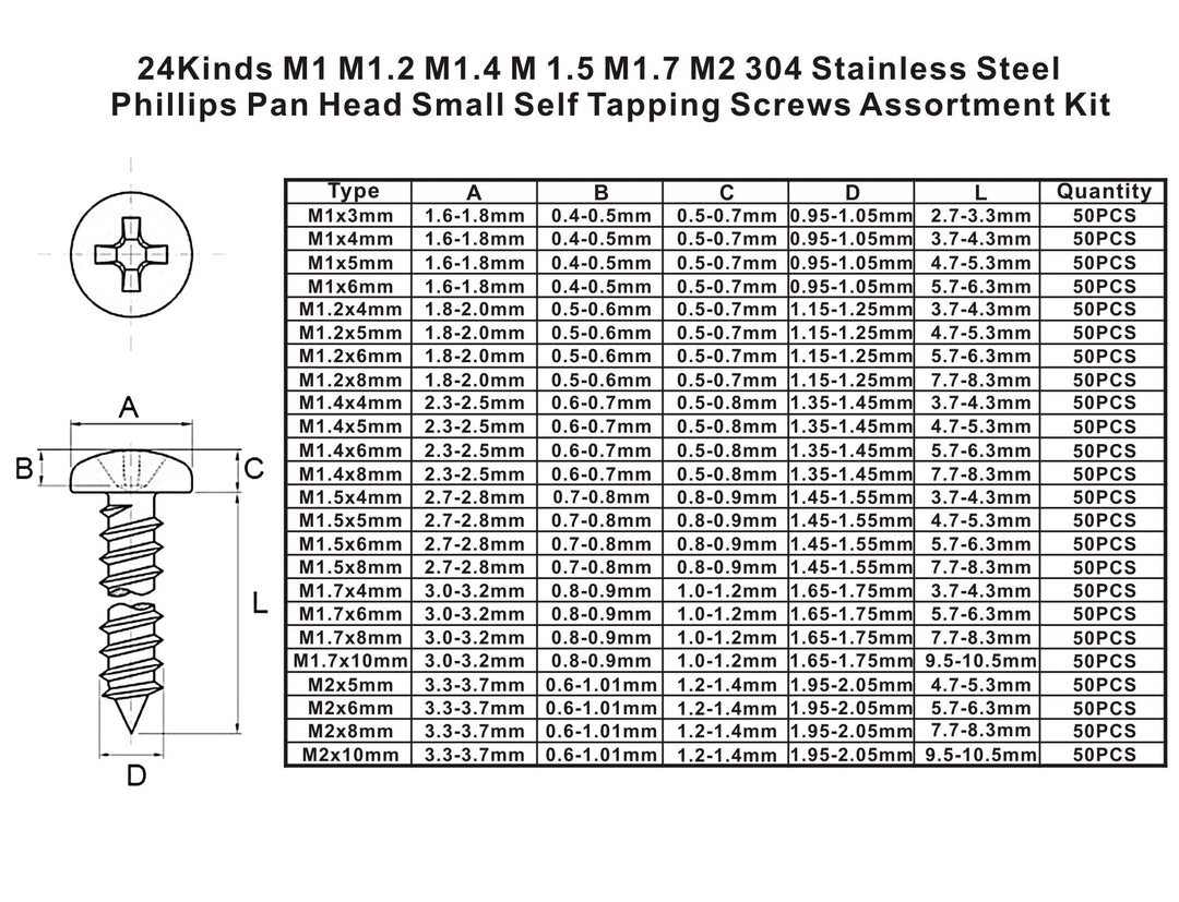 24 Kinds M1 M1.2 M1.4 M1.5 M1.7 M2 304 Stainless Steel Phillips Pan Head Small Self Tapping Screws Assortment Kit