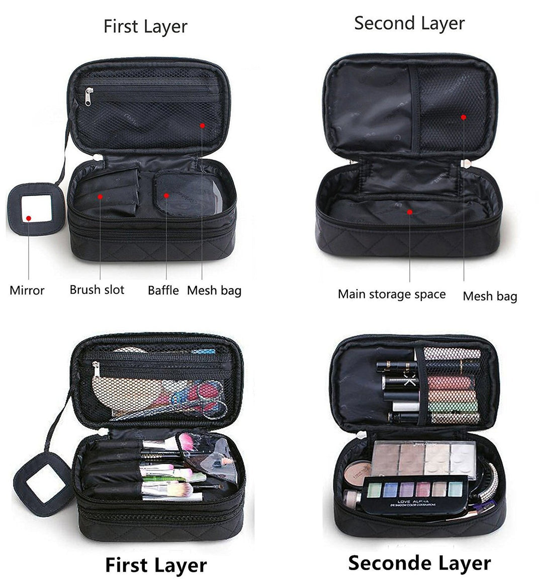 Black Size S: Onegenug Cosmetics Bag, Double Layer Makeup Bag with Mirror Beauty Makeup Brush Bags Travel Kit Organizer, Cosmetic Bag Professional Multifunctional Organiser for WOM