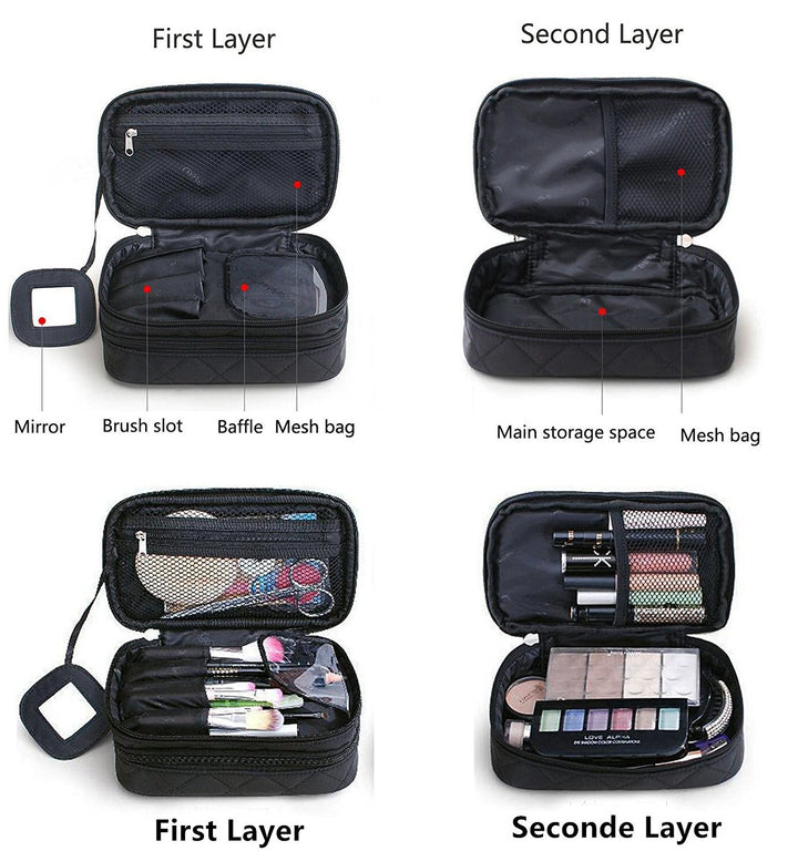 Black Size S: Onegenug Cosmetics Bag, Double Layer Makeup Bag with Mirror Beauty Makeup Brush Bags Travel Kit Organizer, Cosmetic Bag Professional Multifunctional Organiser for WOM