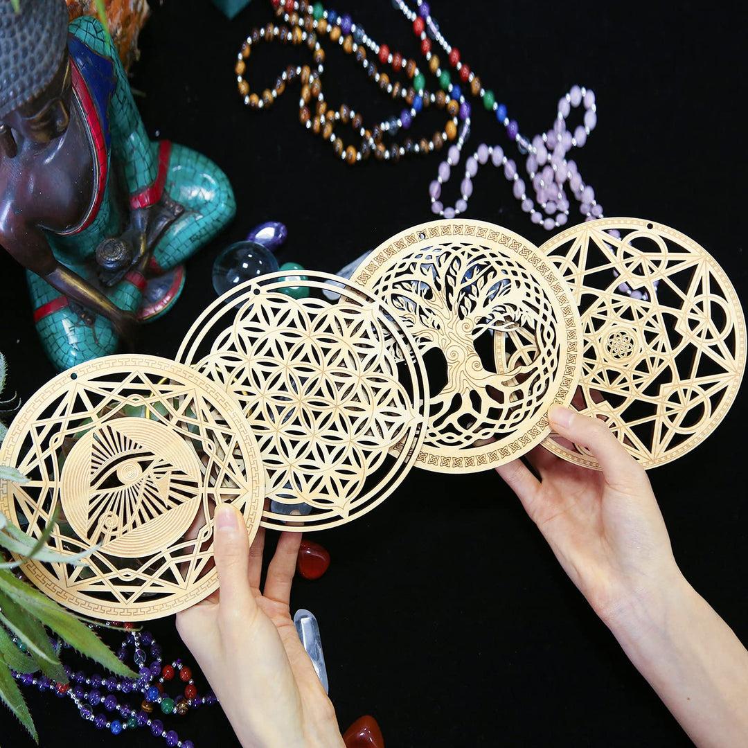 5.31 Sacred Geometry Wall Art 4 PCS Set, (The Eye of Horus, The Flower of Life, The Tree of Life, Metatron&#39;s Cube) Crystal Grid Meditation Chakra Wooden Wall Art Yoga Decor Spiritual Gifts