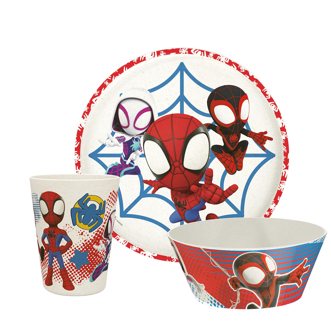 Marvel Spider-Man Dinnerware Set for Kids Includes 8 Plate, 6 Bowl, and 10oz Tumbler, Durable and Sustainable Melamine Bamboo Material (3-Piece Set, Spidey and His Amazing Friends)