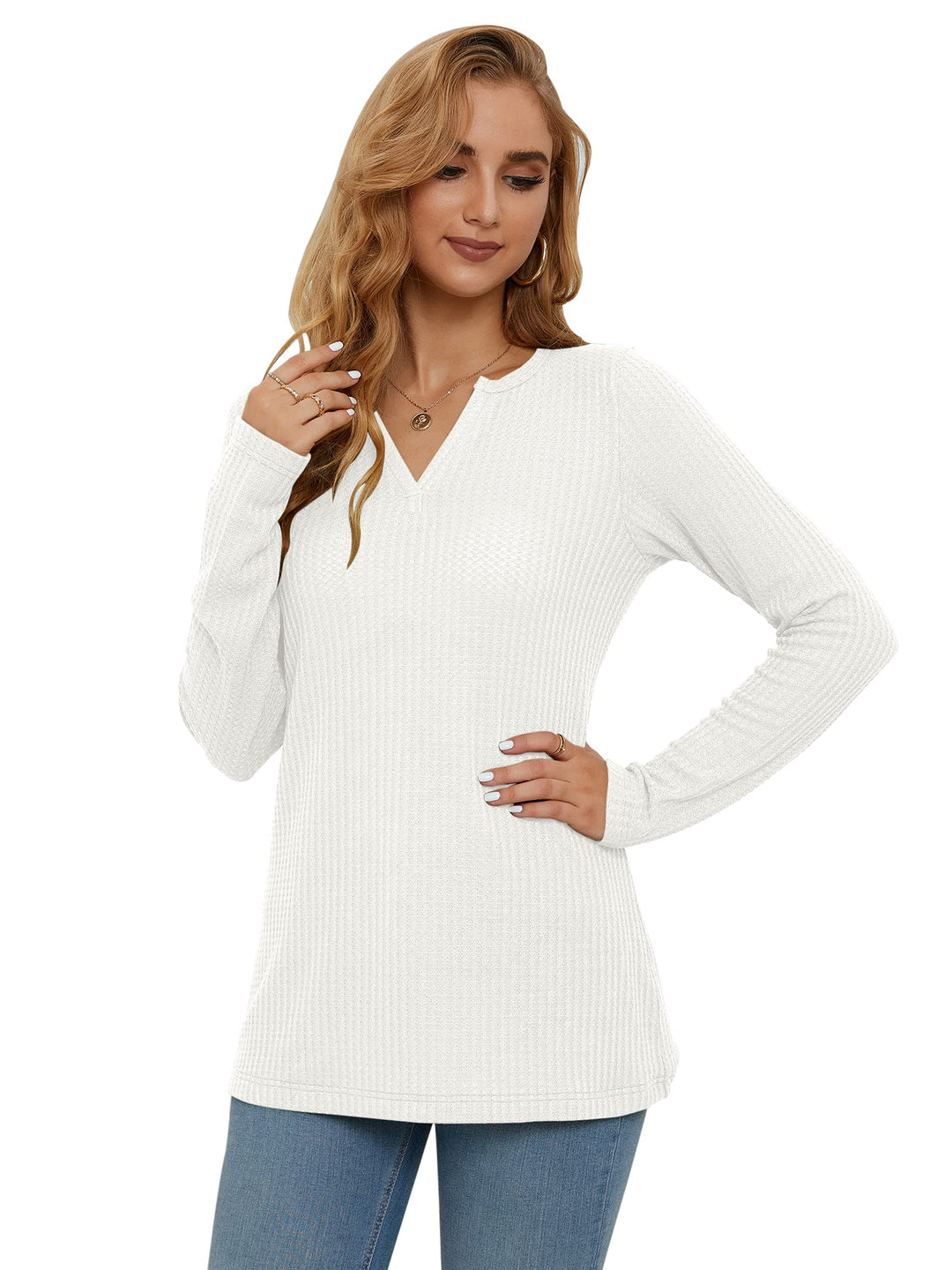 Women&#39;s Top Long Sleeve Waffle Knit V-Neck Solid Color Shirt White S