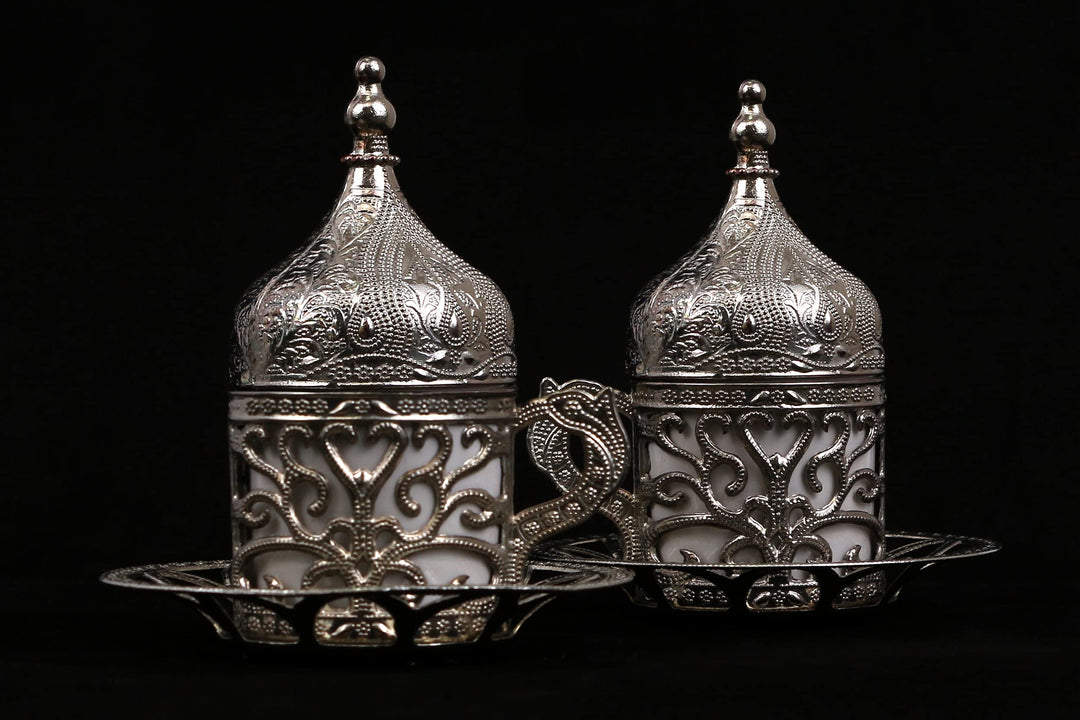 Kuchengerate 2pcs Turkish Greek Arabic Moroccan Coffee Cups - Espresso Cup with Inner Porcelain Metal Holder Plate and Lid - 2 Cups Consists of 8 Pcs (Z-Silver)
