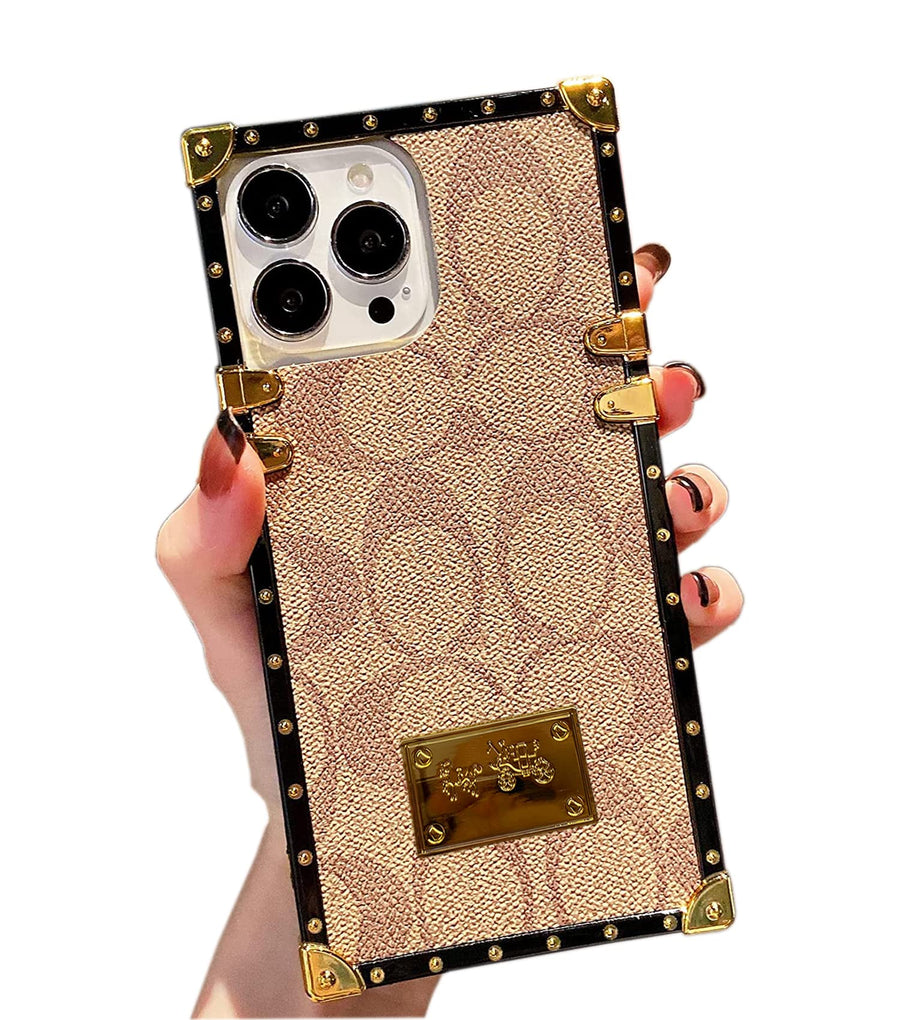 Designer Square Luxury iPhone 13 Pro Case for Girls Women, Cute Aesthetic Classic Pattern Leather Back Cover Soft Frame Metal nameplate Decoration Shiny Phone Trunk 13Pro 6.1 inch - Khaki