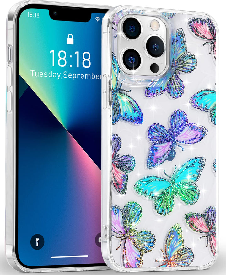Compatible with iPhone 13 Pro Max Case Clear Silicone Glitter Bling Butterfly Slim Hard PC Protective Phone Case for Women Girls for iPhone 13 Pro Max
