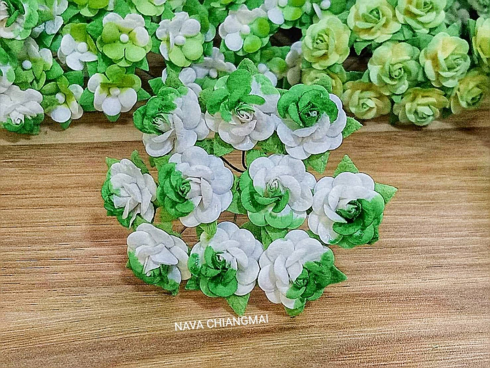 100 pcs Artificial Mulberry Paper Rose Flower Mixed Color Tone Decorative Flowers for Crafts, Scrapbook Embellishments,Paper Craft Flowers,Mini Decorative Flowers. (Green Tone)