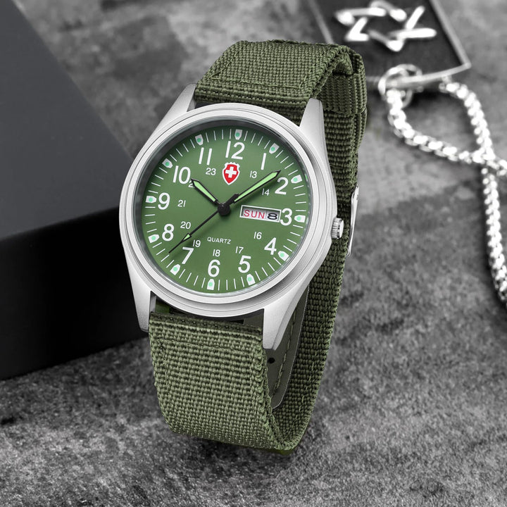 Unisex Military Watches Sport Textile Nylon Strap Luminous Fashion Watch Analog Display Quartz Waterproof Casual Wristwatch (Green 2)