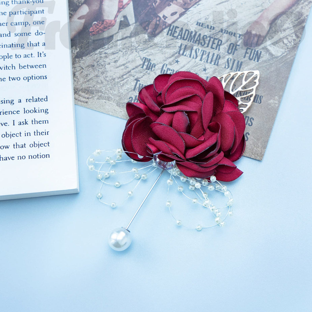 , 4 Pack Rose Pearl Bridal Burgundy Wine Red Brooch Corsage Boutonniere Set Bridesmaid Hand Flowers for Wedding Party Decoration