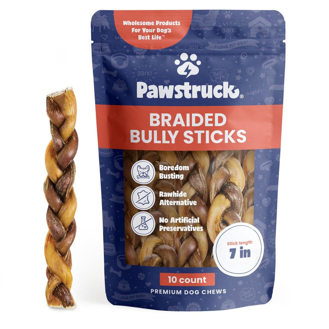 Natural 7” Braided Bully Sticks for Dogs, Tough Long-Lasting, Rawhide-Free, Low Odor, Healthy Single Ingredient Chew Treat for Aggressive Chewers, 10 Count, Packaging May Vary