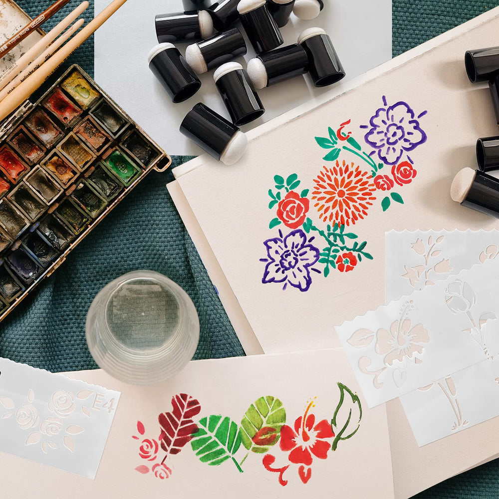 20Pcs Finger Sponge Daubers, Finger Painting Sponge with 8Pcs Flower Stencil Templates for Arts and Craft Painting Projects-Daubers for Stamping, Drawing, Ink, Card Making