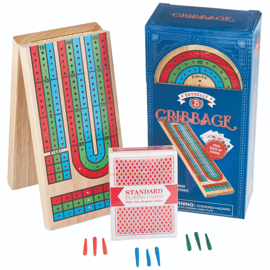 Cribbage Board Game Set - Traditional Wooden Board Game, Classic 3-Track Layout, Plastic Pegs - Standard Deck of Playing Cards Included - Folding Portable Storage