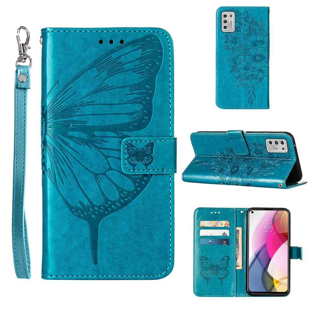 Compatible for Moto G Stylus 2021 Case Wallet,[Kickstand][Wrist Strap][Card Holder Slots] Butterfly Floral Embossed PU Leather Flip Cover for Moto G Stylus (2021) Case (Blue)