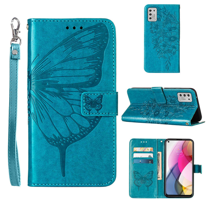 Compatible for Moto G Stylus 2021 Case Wallet,[Kickstand][Wrist Strap][Card Holder Slots] Butterfly Floral Embossed PU Leather Flip Cover for Moto G Stylus (2021) Case (Blue)