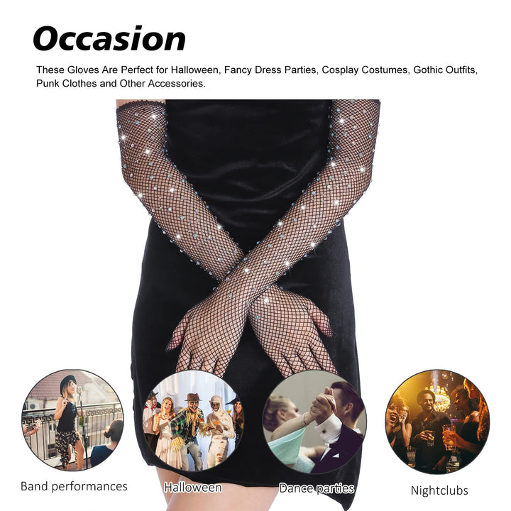 Women Rhinestone Fishnet Long Gloves Mesh Sparkly Glitter Fashion Opera Gloves For Party Halloween Costumes Accessories Black