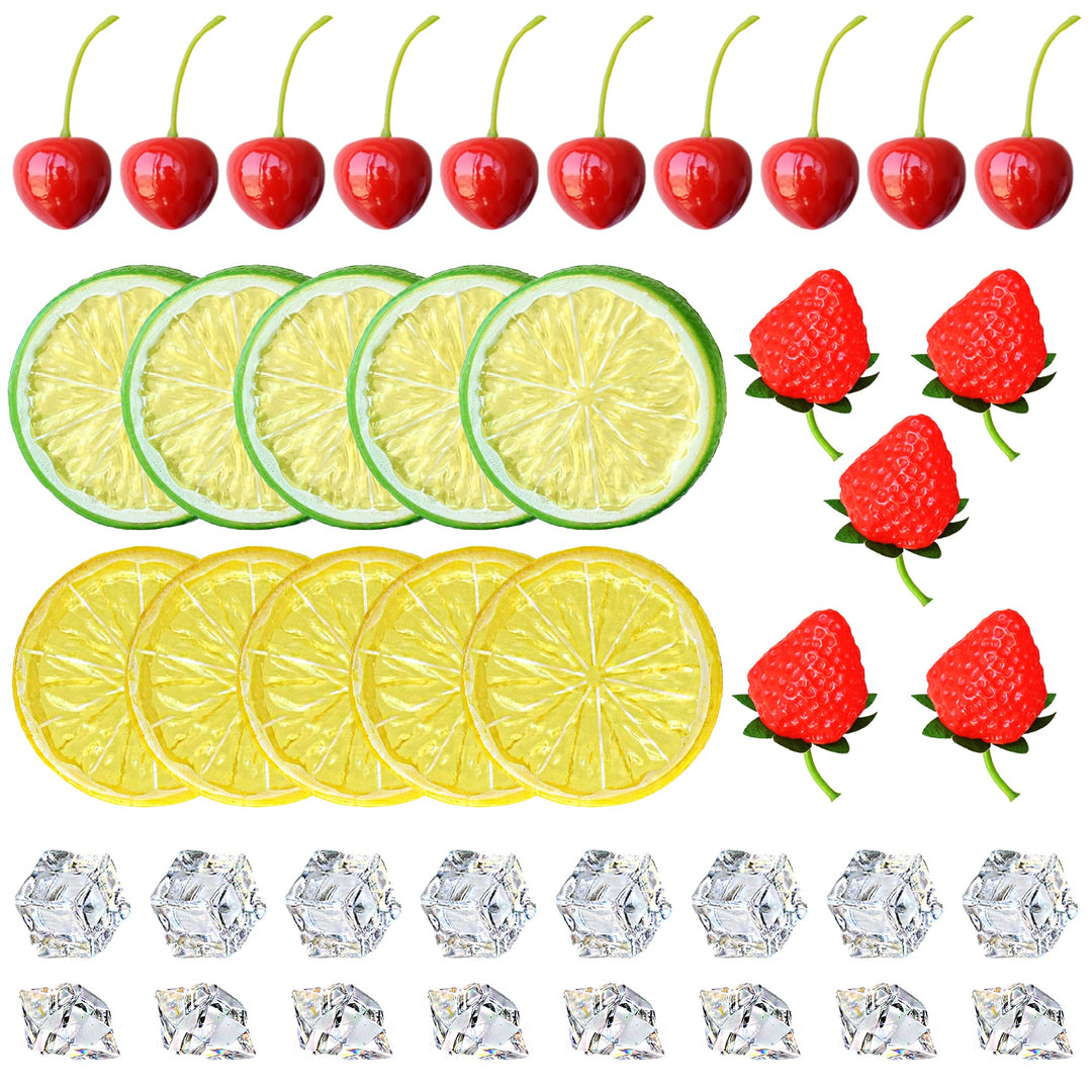 70 Pcs Fake Fruits Ice Cube Set, Include 10 Artificial Lemon Slice 10 Simulation Cherries 5 Fake Strawberry 45 Fake Crushed Ice and Ice Cubes for Home Kitchen Decoration