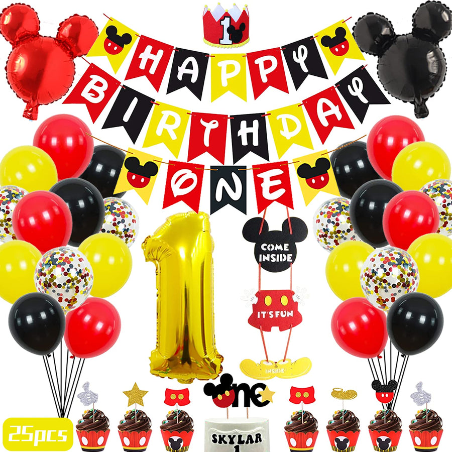 Mouse 1st Birthday Party Supplies Decorations 57Pcs - Happy Birthday Banner ONE Banner Balloons 1 Foil Balloon Hat Door Sign Cupcake Topper Video Game Birthday Decorations for Boys Girls Kids Babies