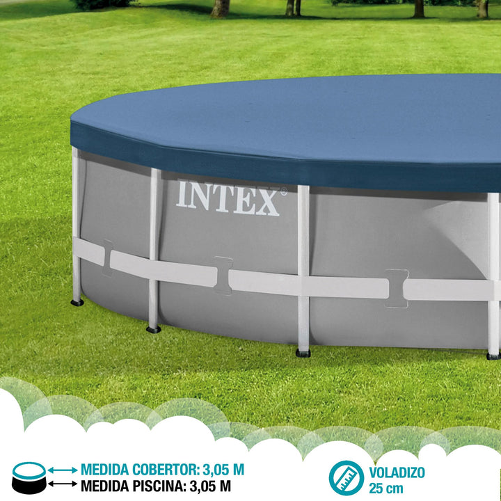 INTEX 28030E Pool Cover: For 10ft Round Metal Frame Pools – Includes Rope Tie – Drain Holes – 10in Overhang – Snug Fit