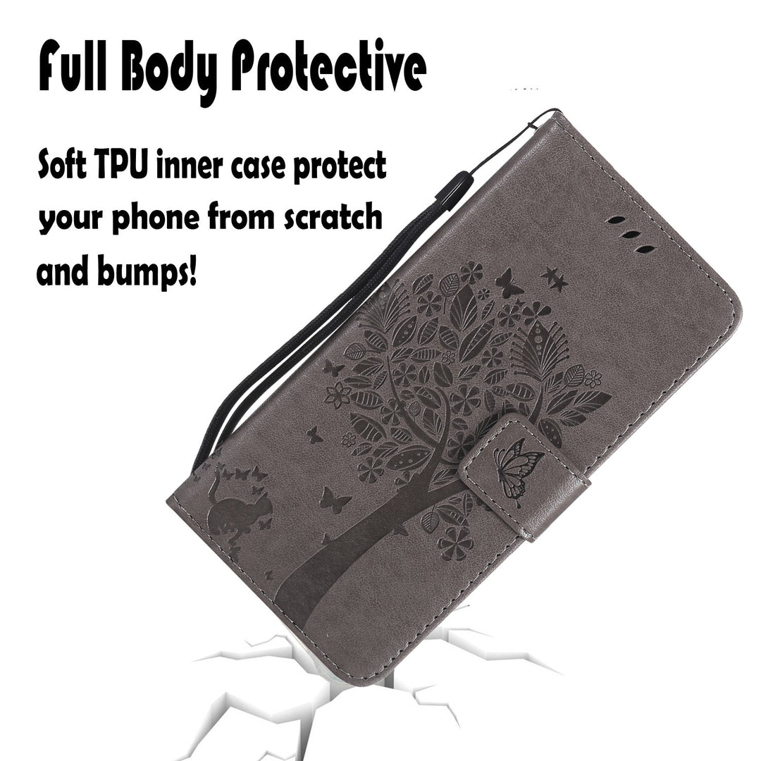 NOMO for iPhone XR Case,for iPhone XR Wallet Case,for iPhone XR Flip Case PU Leather Emboss Tree Cat Flowers Folio Magnetic Kickstand Cover with Card Slots for iPhone XR (6.1 inch) Release, Gray