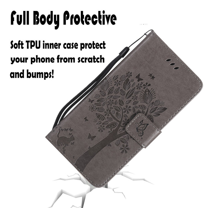 NOMO for iPhone XR Case,for iPhone XR Wallet Case,for iPhone XR Flip Case PU Leather Emboss Tree Cat Flowers Folio Magnetic Kickstand Cover with Card Slots for iPhone XR (6.1 inch) Release, Gray