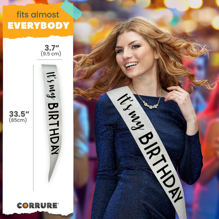 &#39;It&#39;s My Birthday&#39; Sash Glitter with Black Foil - Silver Glitter Birthday Sash for Women and Men - Happy Birthday Sash for Girls, Sweet 16, 18th 21st 25th 30th 40th 50th
