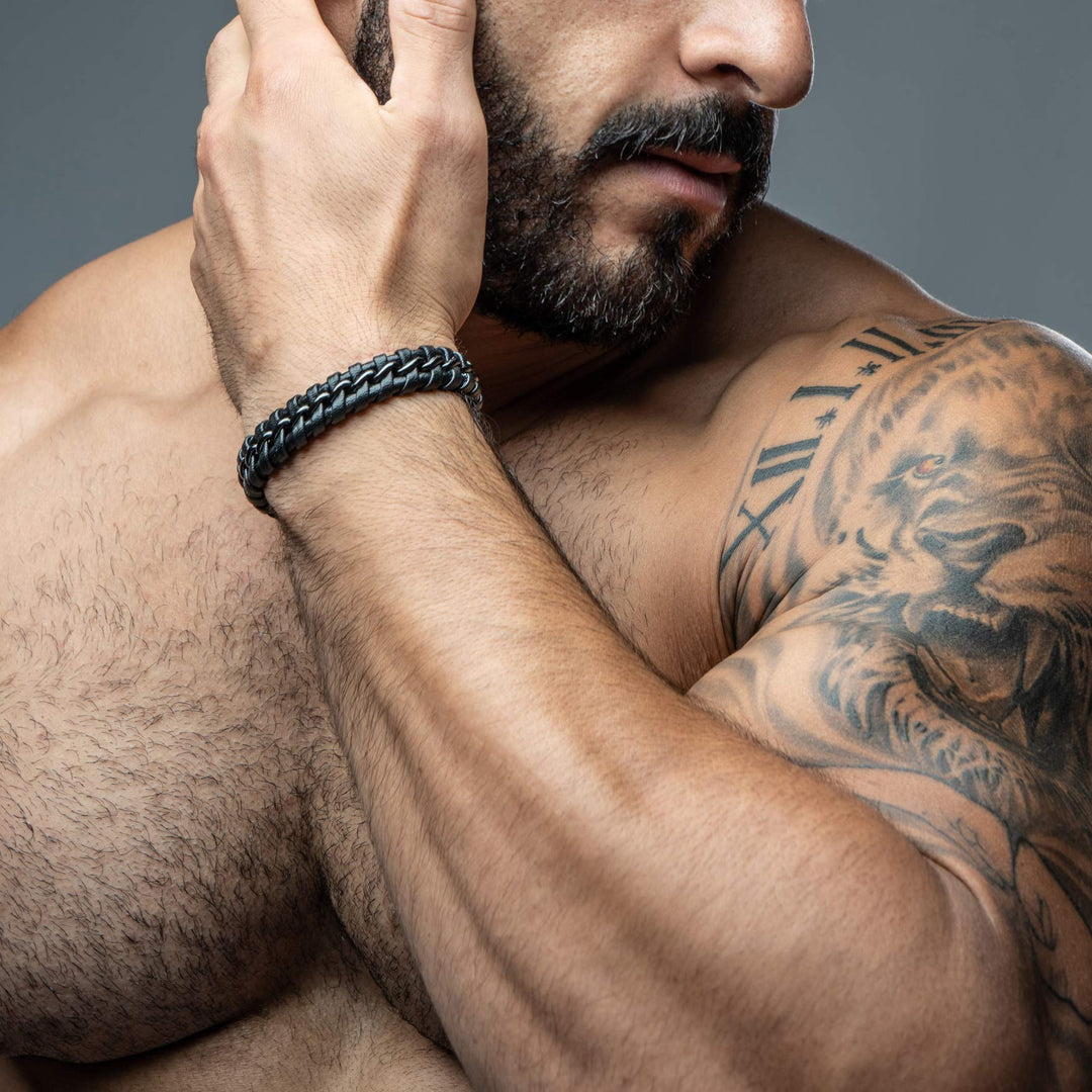 SERASAR 8 Black Leather Bracelets for Men - Mens Bracel