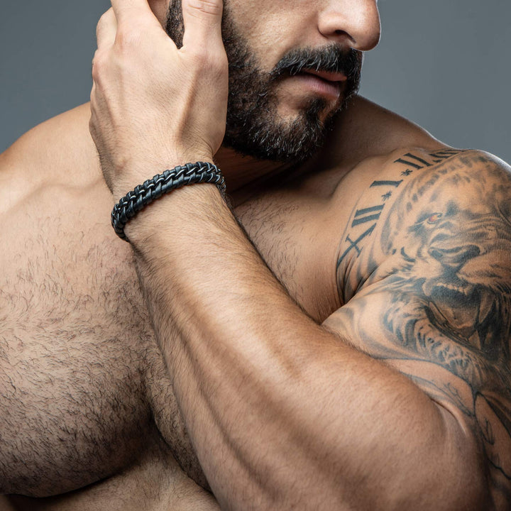 SERASAR 8 Black Leather Bracelets for Men - Mens Bracel