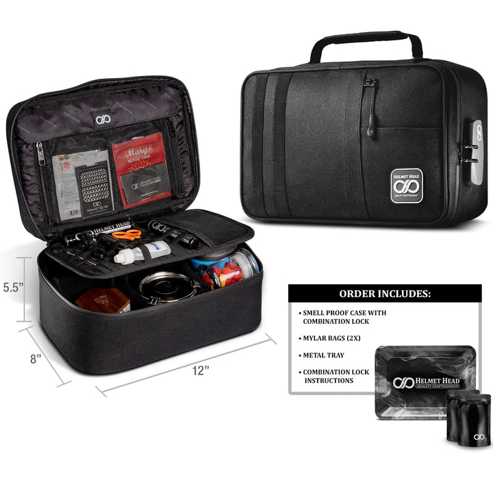 HELMET HEAD Smell Proof Bag and Stash Box, XL Smell Proof Box with Combo Lock for Your Mylar Bags and Smell Proof Containers. Includes Smell Proof Bags and Metal Tray (Black)