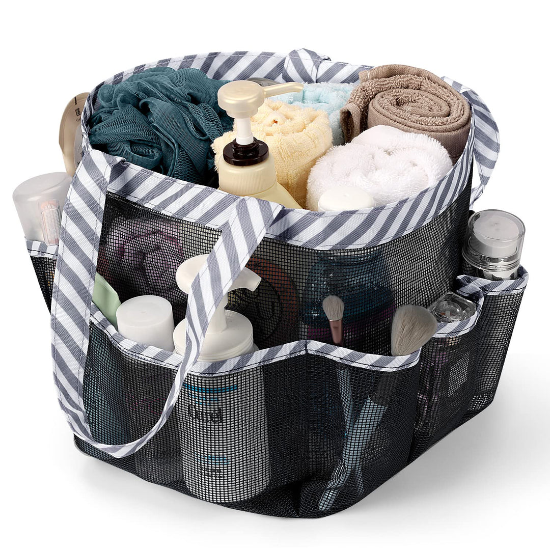 Mesh Shower Caddy 8 Pockets Portable, Hanging Portable Toiletry Bag Tote for Men and Women, Quick Dry Bath Organizer Dorm Room Essentials for Beach, Camp, Travel (Gray Strips)