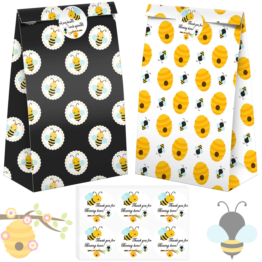 Bumble Bee Goodie Bags-24 Pcs Honey Bee Party Candy Favor Bags with Stickers, Honey Bee Goody Gift Treat Bags Bumble Bee Themed Birthday Party Supplies