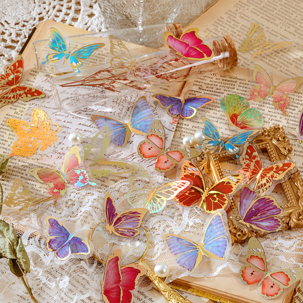 Fairy Gold foil Holographic Stickers Set(120 pieces with 4 Themes)-Resin Transparent Waterproof Stickers,Butterfly,Flower Vintage letter Planner Stickers for Scrapbook Junk Bullet Journals