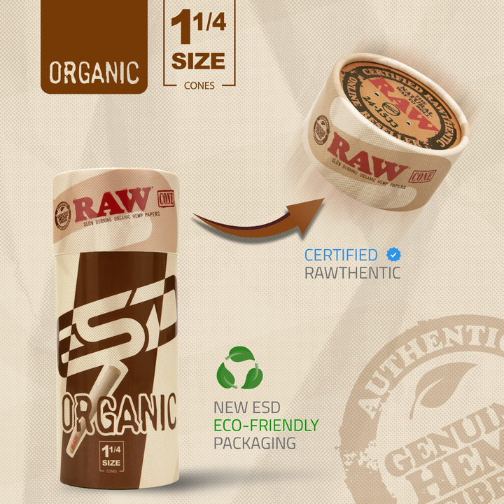 RAW Cones Organic 1-1/4 Size | 100 Pack | Pre Rolled Ro