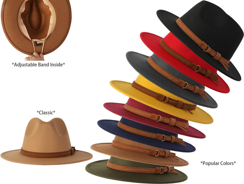 Classic Wide Brim Women Men Fedora Hat with Belt Buckle Felt Panama Hat (Black)