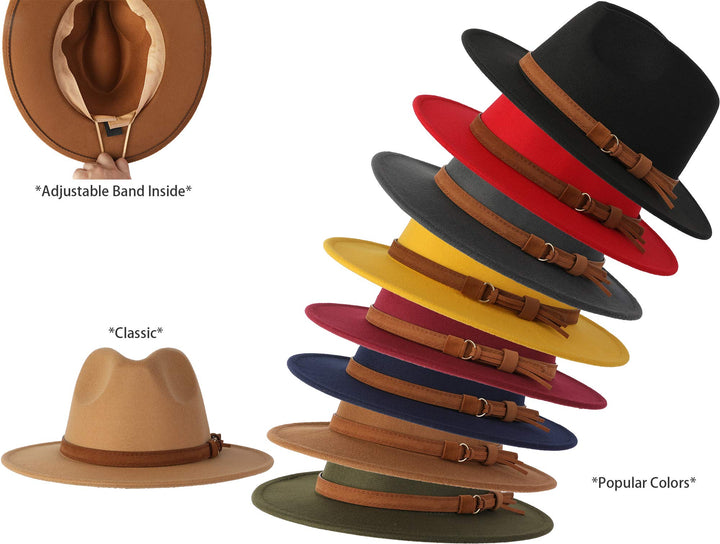 Classic Wide Brim Women Men Fedora Hat with Belt Buckle Felt Panama Hat (Black)