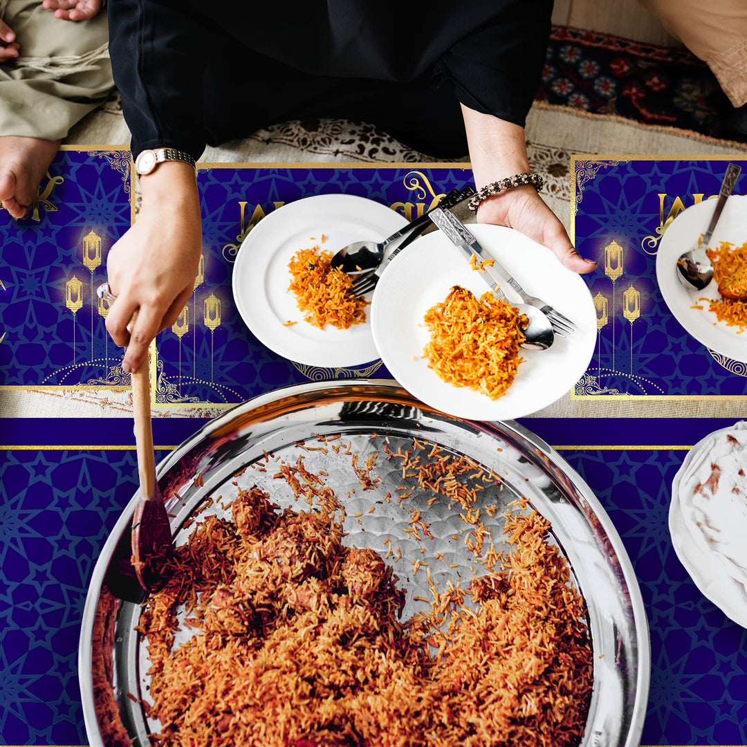 7PCS Eid Mubarak Table Runner and Placemats Ramadan Table Runner Table Mats Golden Star Moon Lantern Ramadan Decor Sets Eid Al-Fitr Ramadan Mubarak Party Home Dinning Room Table Decorations